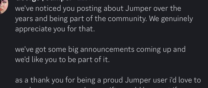 The image shows a message from "Jumper" (likely Jumper.app) addressing a long-time community member, expressing appreciation for their years of posting and involvement, teasing upcoming announcements, and hinting at a special reward. This directly relates to the user's post celebrating being offered $69k and an all-expenses-paid Bahamas trip as a "Jumper power user," suggesting the screenshot is the DM or notification that delivered the surprise thank-you gesture from the Jumper team.
