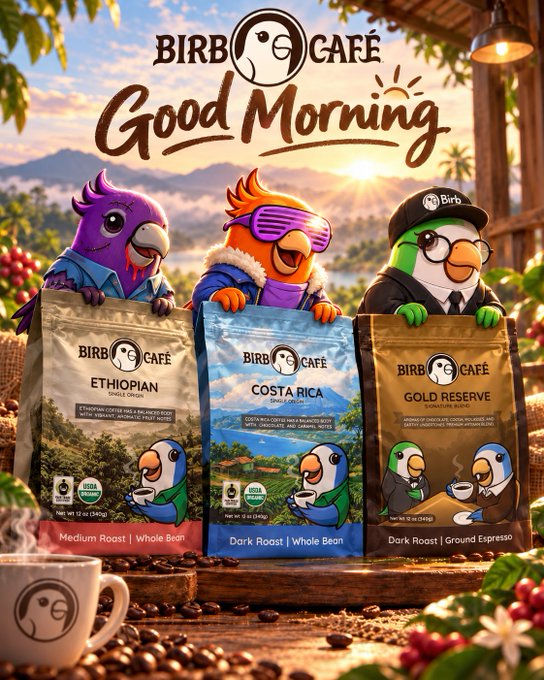 A promotional poster for 'BIRB CAFÉ' featuring three cartoon birds in sunglasses and hats above coffee bags labeled 'Ethiopian Single Origin,' 'Costa Rica Single Origin,' and 'Gold Reserve,' set against a sunrise coffee plantation backdrop with 'Good Morning' text.