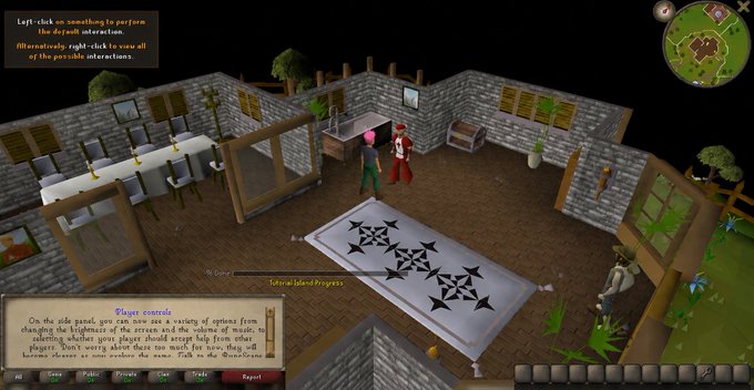 A scene from Old School RuneScape shows two player characters standing in a furnished house, with text boxes displaying "Player controls" and "IslandProgress" alongside minimap and inventory interfaces. The image relates to the "Me rn:" caption by humorously depicting the overwhelming nature of navigating complex game menus and controls while simply trying to stand in a room.