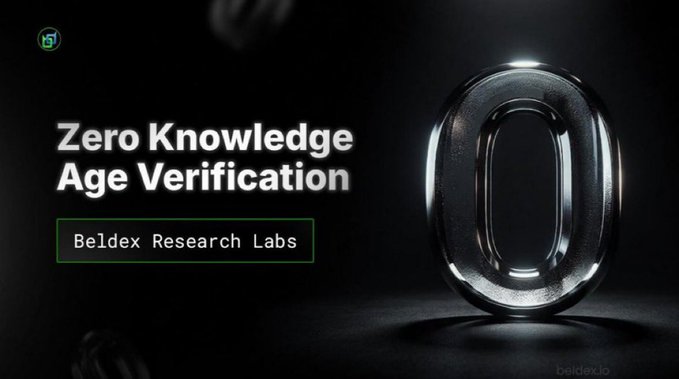 A presentation slide titled "Zero Knowledge Age Verification" by "Beldex Research Labs," featuring a glossy metallic "0" on a dark background.