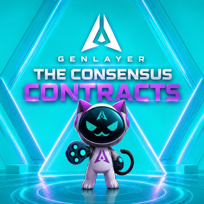A promotional graphic for 'GENLAYER - THE CONSENSUS CONTRACTS' featuring a futuristic cat-like character with a glowing digital face on a cyan triangular stage.