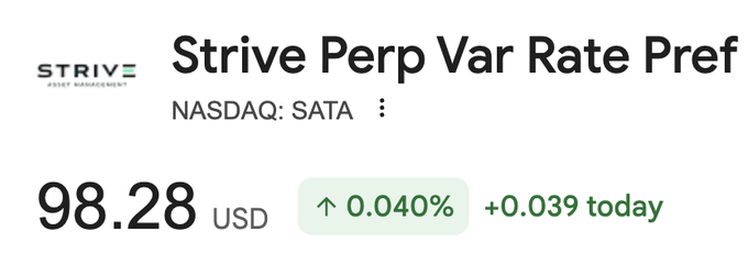 This image displays the stock information for Strive Perp Var Rate Pref, traded on NASDAQ under the ticker $SATA. The stock is currently priced at $98.28 USD, showing a small gain of 0.040% or +0.039 today, aligning with the post's emphasis on building a consistent track record.