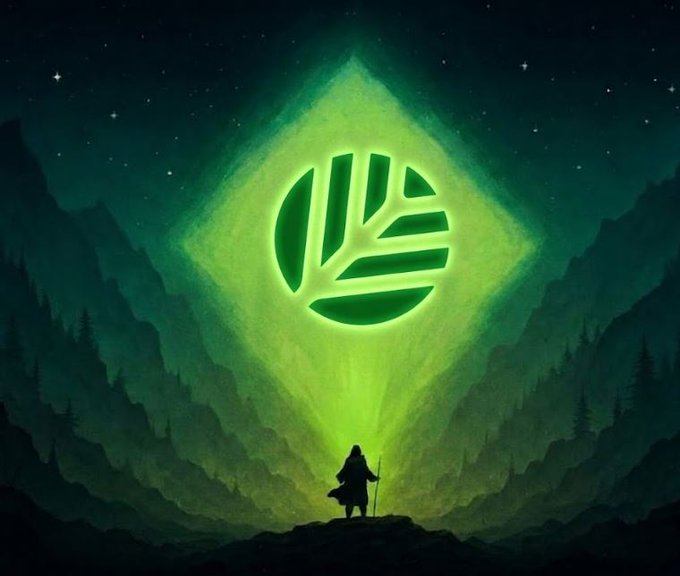 A digital illustration of a lone figure standing before a glowing green diamond-shaped emblem with Arabic calligraphy, set against a dark starry sky and silhouetted mountains and forest.