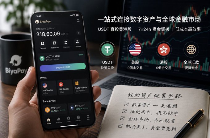 A promotional image showing a hand holding a smartphone displaying the BiyaPay app with a balance of 318,60.09 USD, alongside text in Chinese advertising a one-stop platform to connect digital assets to global financial markets including USDT, US stocks (0 commission), HK stocks, and global remittance, with a notebook listing asset allocation strategies.