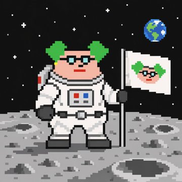 Pixel art illustration of a green-haired astronaut wearing glasses standing on the moon holding a flag that displays their own face, with Earth and stars in the background.