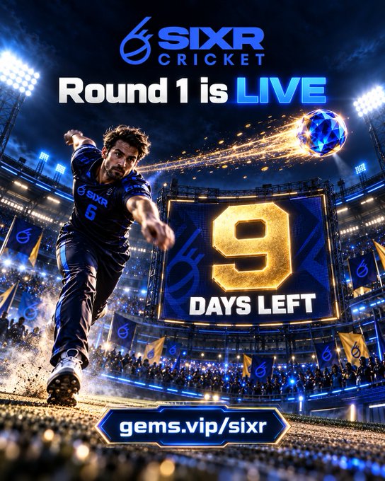 A promotional graphic for SIXR Cricket announcing 'Round 1 is LIVE' with '9 DAYS LEFT', featuring a cricket player in blue SIXR uniform, with the link gems.vip/sixr.