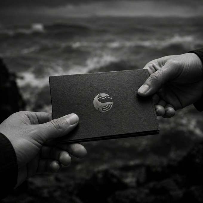 Two weathered hands exchange a sleek, black paper wallet embossed with a circular logo, set against a stark, foggy ocean backdrop—visually echoing the post's emphasis on preserving the foundational, hands-on culture of crypto self-custody amid an increasingly abstract and centralized industry. The tangible transfer between individuals mirrors Mobick's mission to maintain authentic self-custody habits.