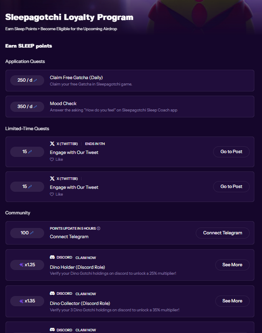 The Sleepagotchi Loyalty Program screen shows quests worth 250, 350, 15, 100, and 125/135 multiplier points from activities like daily Gatcha claims, Mood Check, X/Twitter engagement, Telegram connection, and Discord Dino Holder/Collector roles—directly matching the poster's mention of grinding through Telegram mobile sessions and NFTs in preparation for the $SLEEP airdrop on Solana.