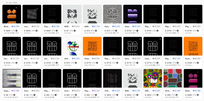 A grid view of an NFT marketplace displaying various digital art pieces in black and white tile formats, each showing price in ETH and last sale information, with total volume '15.764 ETH' at the top.