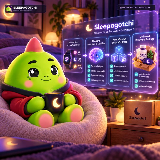 A promotional graphic for 'Sleepagotchi - Autonomous Recovery Commerce,' featuring a green cartoon character holding a mug next to a flow chart from biometric wearables to an AI agent, smart contract, and delivered recovery package.