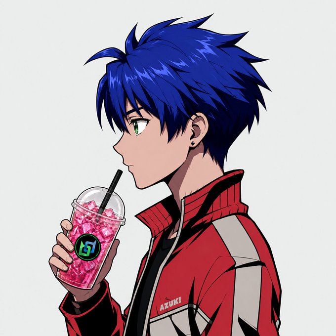 An anime-style illustration of a blue-haired character named Azuki in a red jacket drinking a pink slushie with a straw.