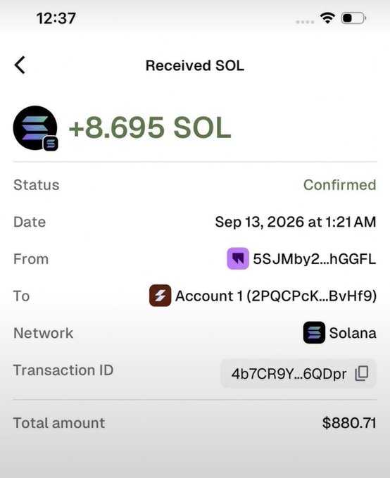 A screenshot of a Phantom wallet transaction showing a confirmed receipt of +8.695 SOL ($880.71) from a wallet ending in "hGGFL" to "Account 1" on Sep 13, 2026, with the Solana network and transaction ID visible. This image is being shared as "proof" in a classic crypto giveaway scam, where scammers claim to be randomly sending free SOL to trick people into retweeting and dropping their wallet addresses so the funds can later be stolen or used for phishing.