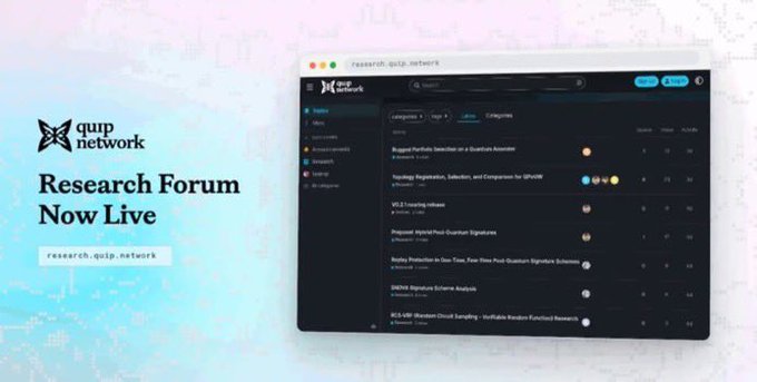 A promotional graphic announcing 'Research Forum Now Live' at 'research.quip.network' with the Quip Network logo on the left and a screenshot of the dark-themed forum interface on the right.