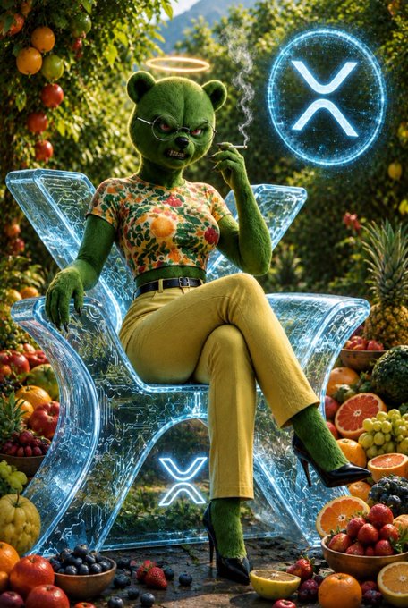 An anthropomorphic green bear character wearing glasses, a fruit-patterned top, yellow pants, and black heels sits on a transparent X-shaped chair surrounded by fresh fruits, smoking a cigarette with a glowing XRP/X logo in the background.