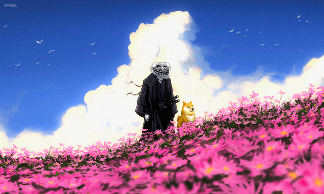 A "Troll" (from the *"Trolls"* anime meme) wearing a black robe and carrying a katana stands atop a hill of pink flowers alongside a Shiba Inu, with the "X TROLL" handle visible in the top left. The imagery ties to the $TROLL meme coin, with the Feng Shui reference nodding to the symbolic balance between the menacing troll figure and the serene, vibrant landscape.