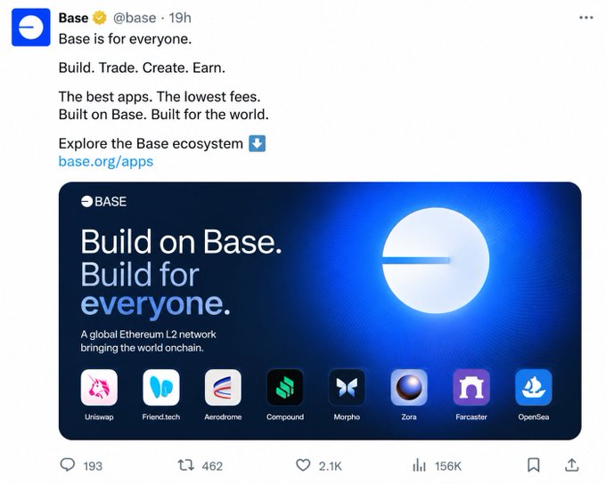 The image features a social media post with a white background and blue text promoting an app called Base. The post suggests that the app can be used by anyone, providing a global ecosystem for builders, creators, and users of various types of projects. The main idea is that Base isn' t just about scaling Ethereum; it's about creating a platform where anyone can participate in building and exchanging ideas or projects using cryptocurrency.