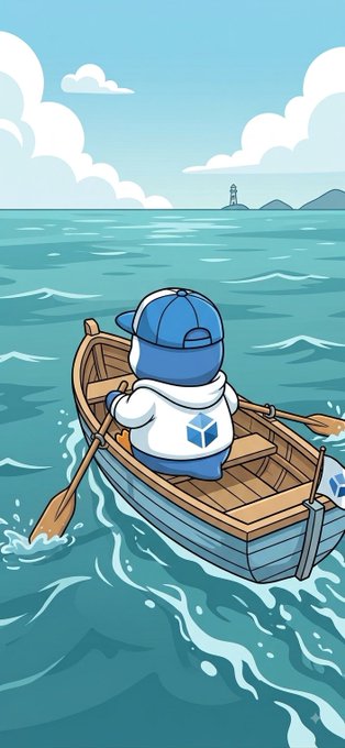 A small animated mascot in a blue cap and hoodie rows a wooden boat across the ocean toward a distant lighthouse, symbolically representing the "good morning" call to action about finding profitable opportunities out at sea.