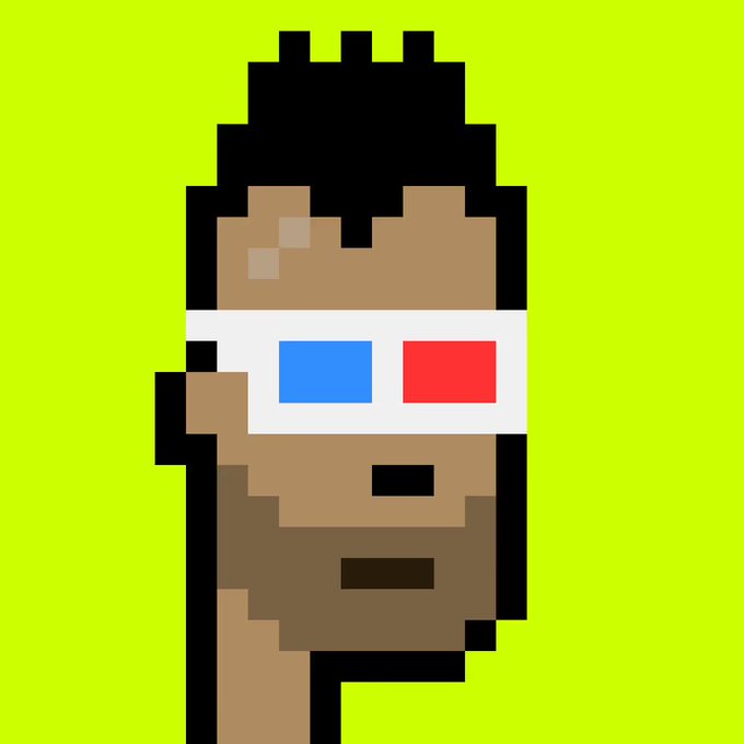A pixel art character with dark skin, black hair, and red-blue 3D glasses against a bright yellow-green background.