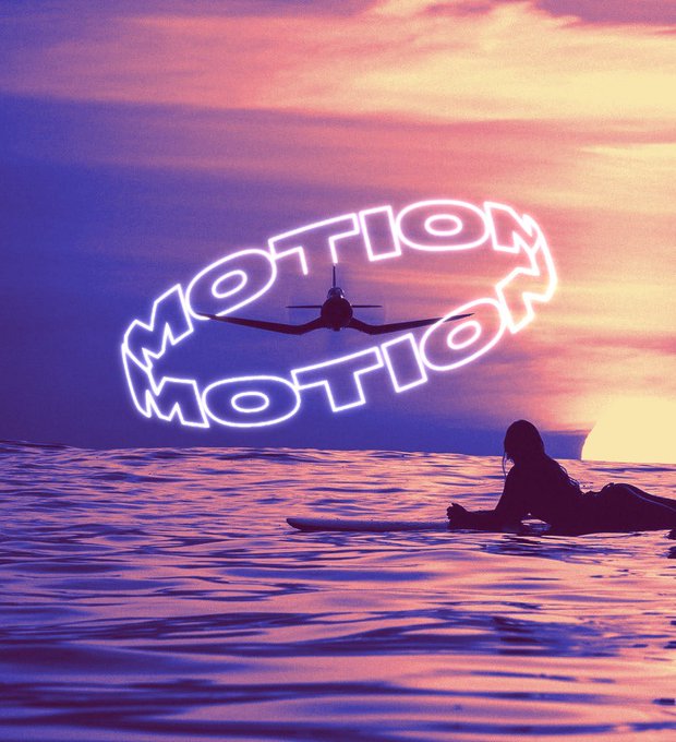 A neon sign reading "MOTION MOTION" arcs over a sunset ocean scene with a surfer on a board in the foreground and an airplane silhouette in the sky.
