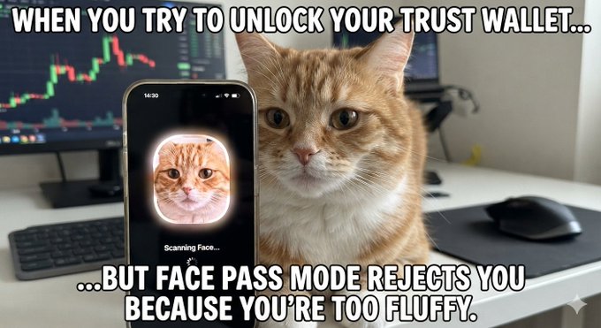 A meme featuring an orange cat next to a smartphone displaying a face scanning interface with the cat's face, captioned 'WHEN YOU TRY TO UNLOCK YOUR TRUST WALLET... BUT FACE PASS MODE REJECTS YOU BECAUSE YOU'RE TOO FLUFFY.'