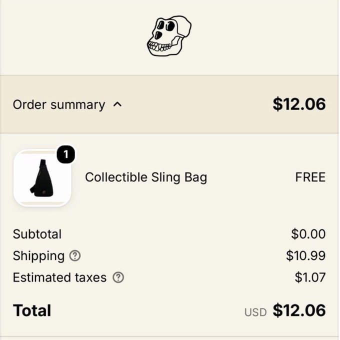 An order summary screen with a skull logo, showing a 'Collectible Sling Bag' for FREE, with a subtotal of $0.00, shipping of $10.99, estimated taxes of $1.07, for a total of USD $12.06.