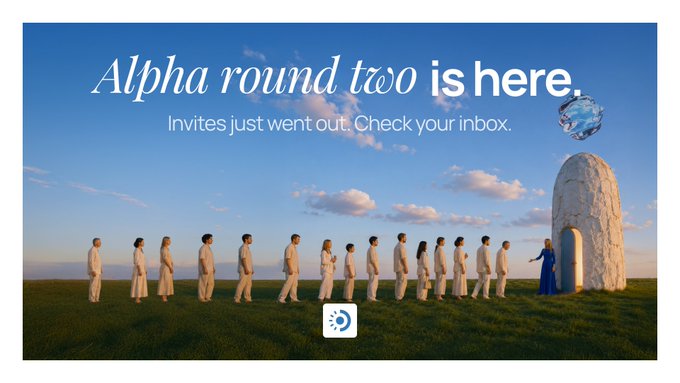 A promotional banner with the text 'Alpha round two is here. Invites just went out. Check your inbox.' features a line of people in white standing in a field facing a figure in blue.