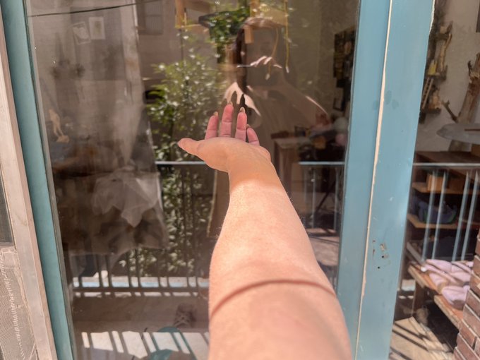 A person's arm extended through a window holding their hand flat against the glass, with a glimpse of a balcony, plants, and the photographer visible in the reflection.