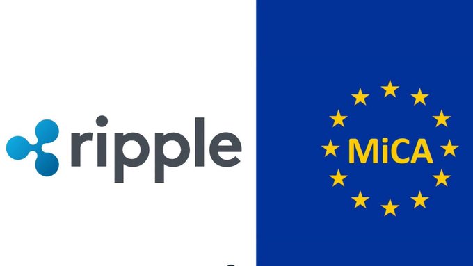 The image features the Ripple logo on the left alongside the MiCA (Markets in Crypto-Assets) framework emblem on the right, visually representing Ripple's new full regulatory approval under Europe's MiCA legislation, which enables the company to provide regulated crypto services across the EU.