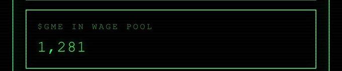 A retro green terminal-style display shows the text "$GME IN WAGE POOL" with the number "1,281" beneath it, relating to the post's mention of "New rewards in Flywheel" by indicating GameStop ($GME) tokens accumulated in the wallet's reward pool for the Zaibatsu project.