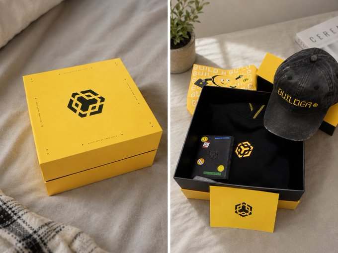 The image shows two different views of a yellow box containing a black baseball cap and other items such as a wallet, a phone case, and a t-shirt with a logo for Builder Chain. The box has a yellow lid that matches the overall color scheme of the items inside it. The post about receiving this package from BNB Chain seems to be promoting these items or highlighting their quality.