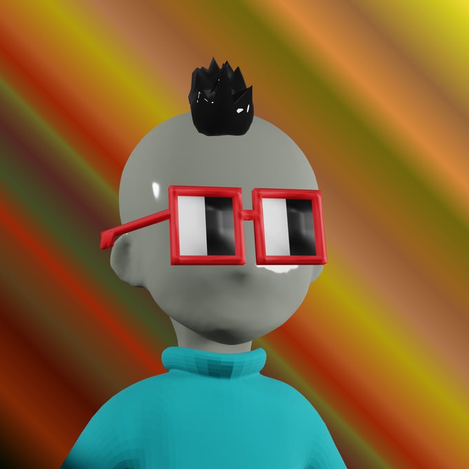 A 3D-rendered character with grey skin, red glasses, a black spiky mohawk, and a teal turtleneck against a colorful orange and yellow streaked background.