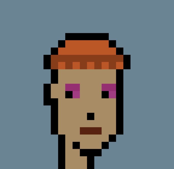 a pixel art portrait of a tan-skinned face with a brown/orange beanie, brown goatee, and bright purple eyes on a solid blue background.
