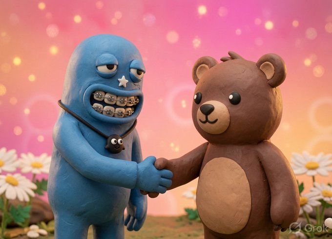 A whimsical 3D-rendered illustration by Grok showing a blue monster with braces and a star on its nose shaking hands with a brown teddy bear against a pink, bokeh-lit background with daisies.