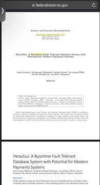 A screenshot from federalreserve.gov shows the abstract of an academic paper titled "Heracles: A Byzantine Fault Tolerant Database System with Potential for Modern Payments Systems" by James Cowling, Teodora Baluta, Jay Lorch, and Bryan Parno, dated 2022. The post references this Federal Reserve research on high-speed payment technology (110,000 transactions per second) that specifically examines Ripple and Stellar cryptocurrencies.