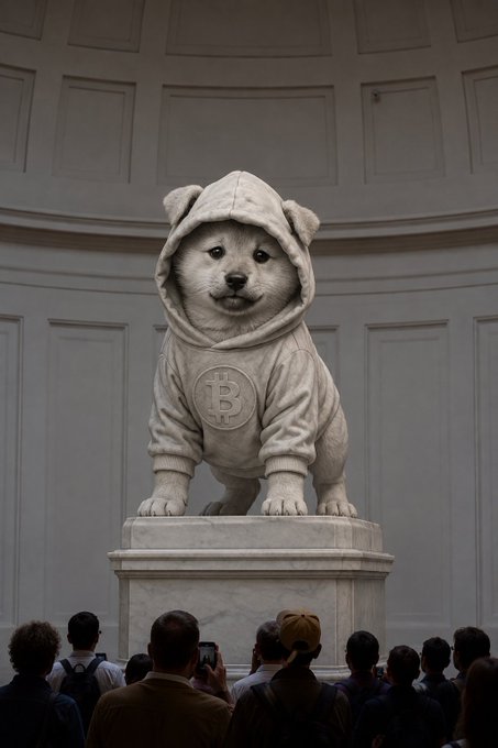 A large stone statue of a puppy wearing a hoodie with the Bitcoin logo on it is displayed in a museum-like setting, with people gathered around taking photos.