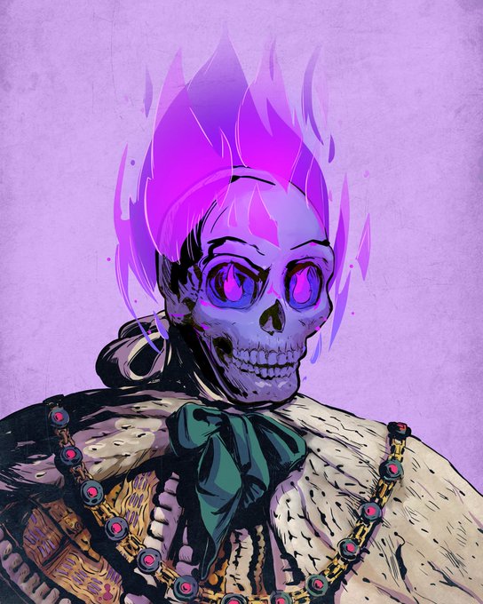 An illustration of a skull-headed figure with purple flame-like hair, wearing ornate robes with jeweled chains and a teal bow tie.