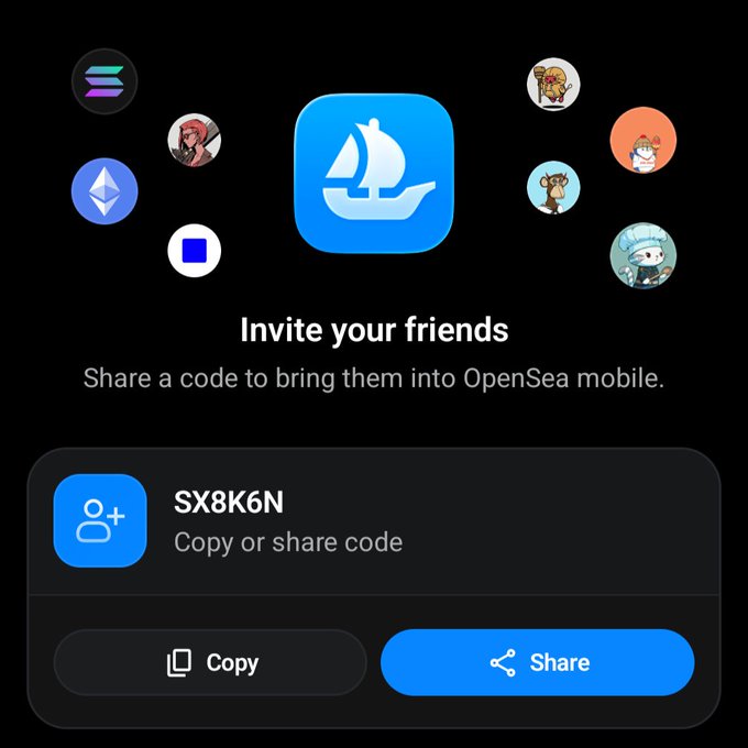 An OpenSea mobile invite screen showing the code 'SX8K6N' with Copy and Share buttons.
