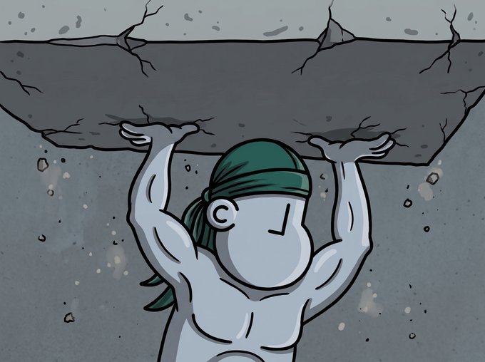 A cartoon illustration of a muscular figure wearing a green bandana lifting a massive cracked stone slab overhead.