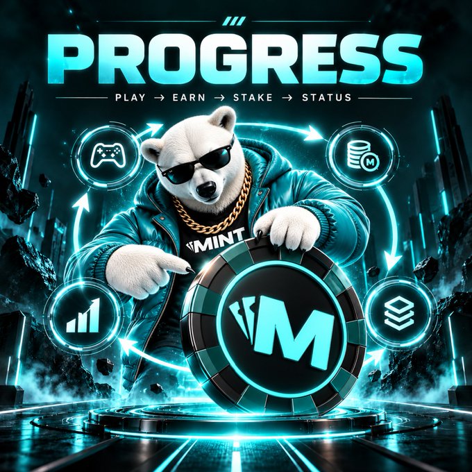 Digital promotional graphic featuring a polar bear wearing sunglasses, gold chains, and a teal jacket, holding a large chip with an "M" logo. Text reads "PROGRESS" with subtext "PLAY → EARN → STAKE → STATUS" and "$MINT" on the bear's shirt.