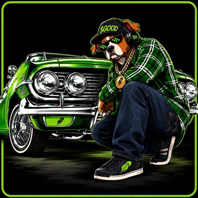 A cartoon dog wearing a green plaid shirt, '$GOOD' cap, pixel sunglasses, and gold chain leans against a bright green classic car in stylized digital art.