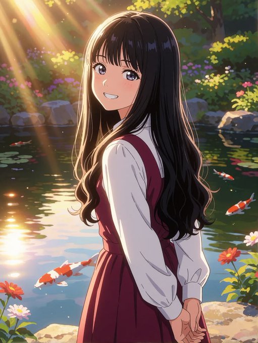 An anime-style illustration of a young woman with long dark hair wearing a maroon pinafore dress over a white blouse, smiling near a koi pond with colorful flowers and sunlight filtering through trees.