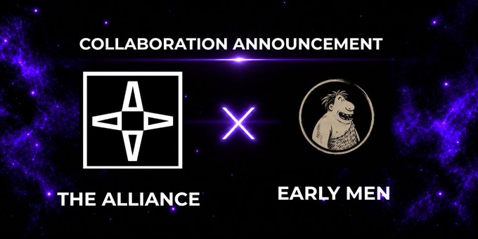 A collaboration announcement graphic showing 'THE ALLIANCE' logo with an 'A' emblem next to an 'X' and the 'EARLY MEN' logo featuring a caveman character, set against a purple space-themed background.