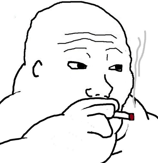 A bald Wojak-style figure smokes a cigarette with an unimpressed expression, embodying the weary, cynical mood of the post's commentary on crypto trading frustrations, particularly the jab at Michael Saylor ("Saylor's nuking BTC") with the exhausted smoker reacting to the chaos.