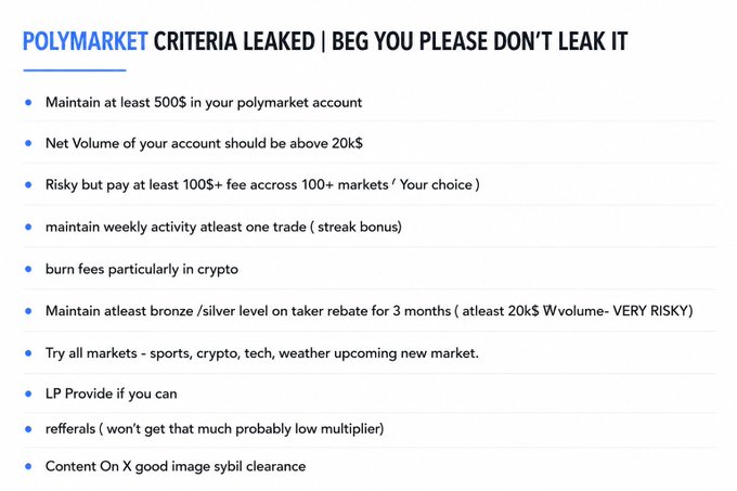 The image shows a list of criteria for trading Polyairdrops with a focus on the "POLY Airdrop" type of cryptocurrency. The text above the image reads, "POLYAIDROP CERTIALEA LEAKED 'BEG YOUPLEASE DON'T LEAK IT". Below this, there is a list of criteria for trading Polyairdrops with a focus on the "POLY Airdrop" type of cryptocurrency. The text above the image reads, "NORMAL ATLEAST 500 IN POLYMARKET account should be above 200 $/100ms".