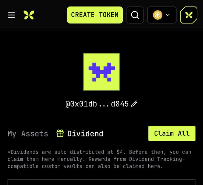 A screenshot of the flap.sh interface displays a user's connected wallet address (@0x01db...d845) with a "Dividend" section showing an unclaimed rewards amount of $4 and a "Claim All" button, illustrating the platform's new feature for viewing and claiming unclaimed rewards and dividends in the profile tab.