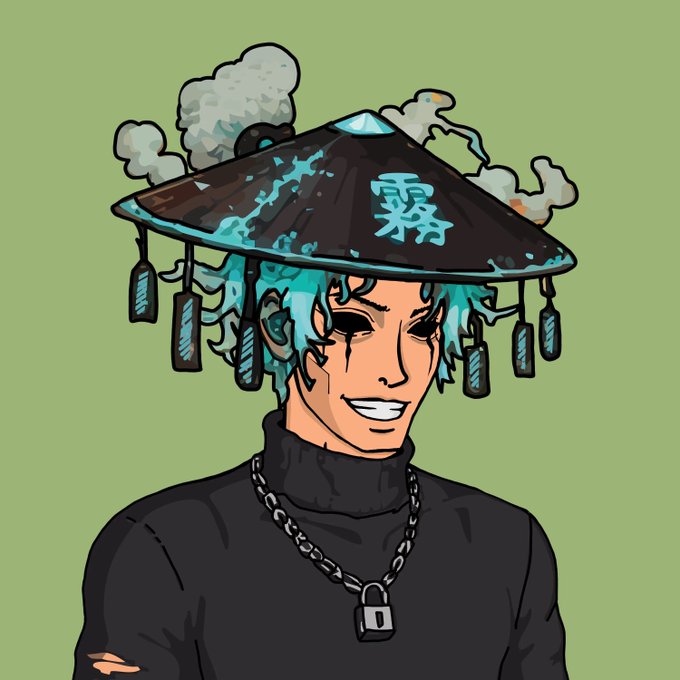 An illustrated character with glowing teal hair and a wide, sinister grin wears a traditional conical hat adorned with the Japanese kanji "霧" (meaning "fog/mist"), floating cloud motifs, and dangling rectangular charms, paired with a black turtleneck and silver padlock necklace—fittingly capturing the mysterious, otherworldly "Weirdos" aesthetic of the on-chain social experiment NFT collection.