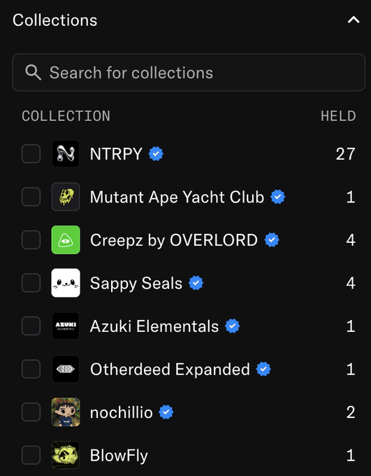 A list of NFT collections including 'NTRPY' (27), 'Mutant Ape Yacht Club' (1), 'Creepz by OVERLORD' (4), 'Sappy Seals' (4), 'Azuki Elementals' (1), 'Otherdeed Expanded' (1), 'nochillio' (2), and 'BlowFly' (1).