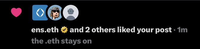 Instagram notification showing ens.eth and 2 others liked a post with the caption 'the .eth stays on'.