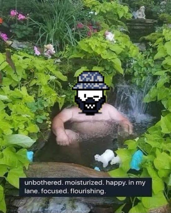 The image shows a man relaxing in a lush garden hot tub with a small waterfall, where his face has been replaced by a pixelated skull wearing a bucket hat. Text overlay reads: "unbothered. moisturized. happy. in my lane. focused. flourishing."

The pixelated skull add-on and meme-style caption fit the "Do you BLNK?" vibe—evoking carefree, "eyes half-closed" bliss with an ironic crypto edge, perfectly suited for a $BLNK meme contest entry.