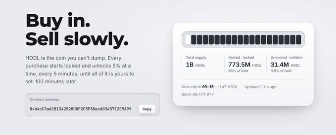 A promotional graphic reading 'Buy in. Sell slowly.' for a cryptocurrency called HODL, detailing its tokenomics including a total supply of 1B HODL, 773.5M vested, and a contract address beginning with 0xbc6C3a6C8134252088F2C5F8BaeA0345712E9A99.
